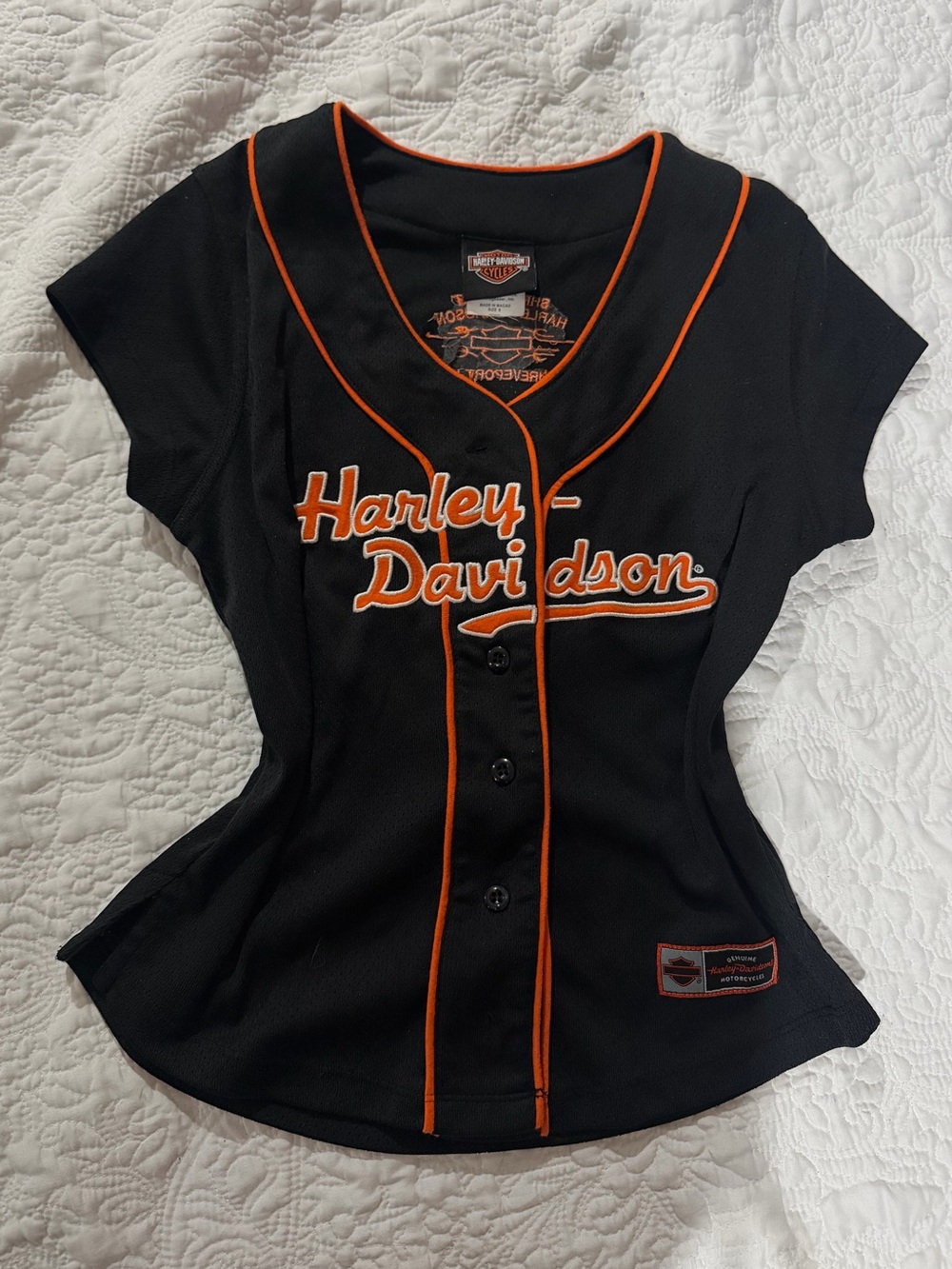 Y2K Vintage Harley-Davidson Women's Black & Orange Baseball-Style Top size small